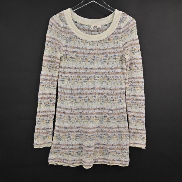 ANTHROPOLOGIE Sweater Womens Size S Cream Stripe Linen Open Knit Scoop Neck MOTH - Picture 2 of 13